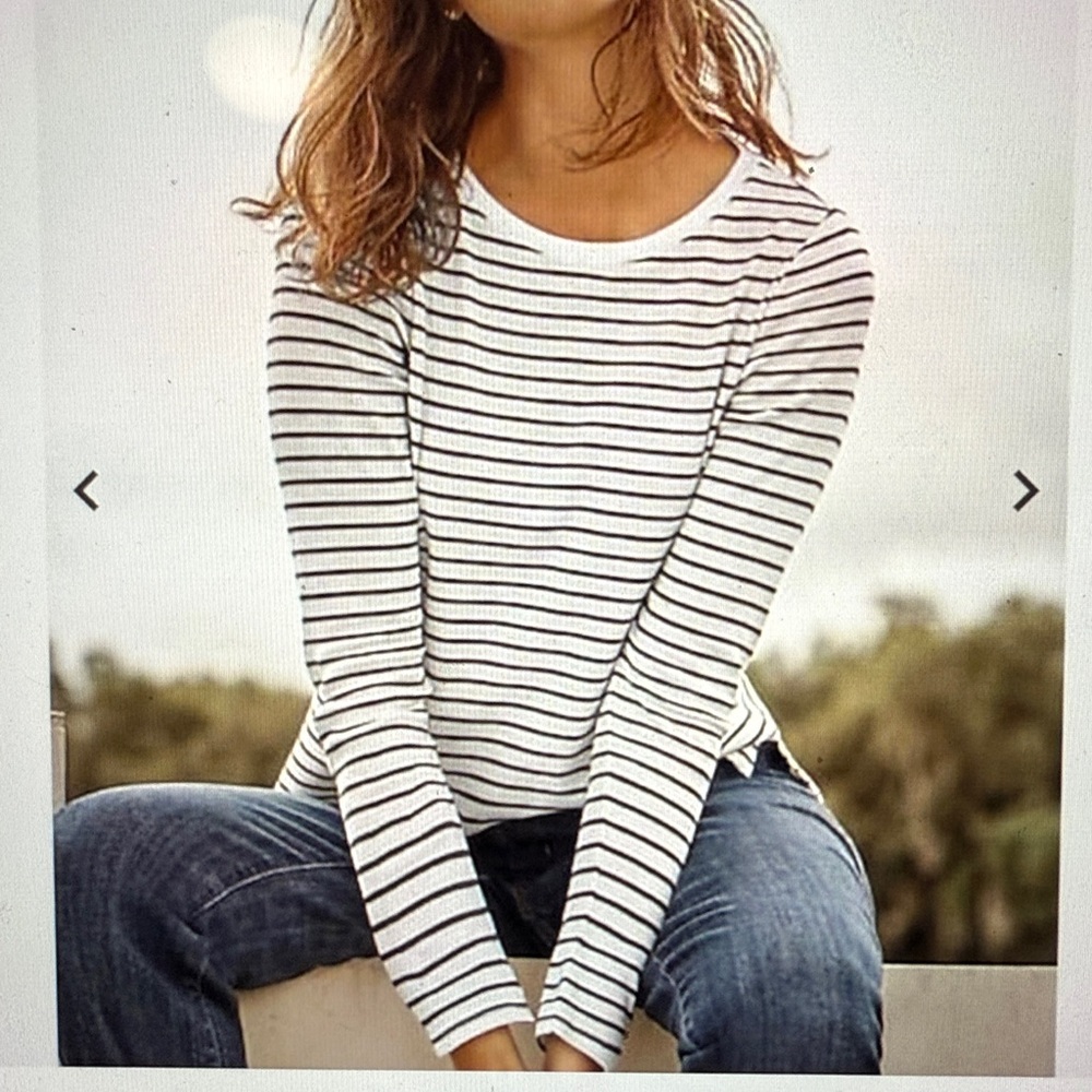 NWT Pima Cotton Crew Neck Long Sleeve Striped Tee in Black & Cream, XL Petite